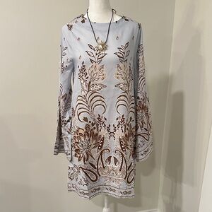 CELINA MOON Blue and Brown Floral Long Sleeve Dress